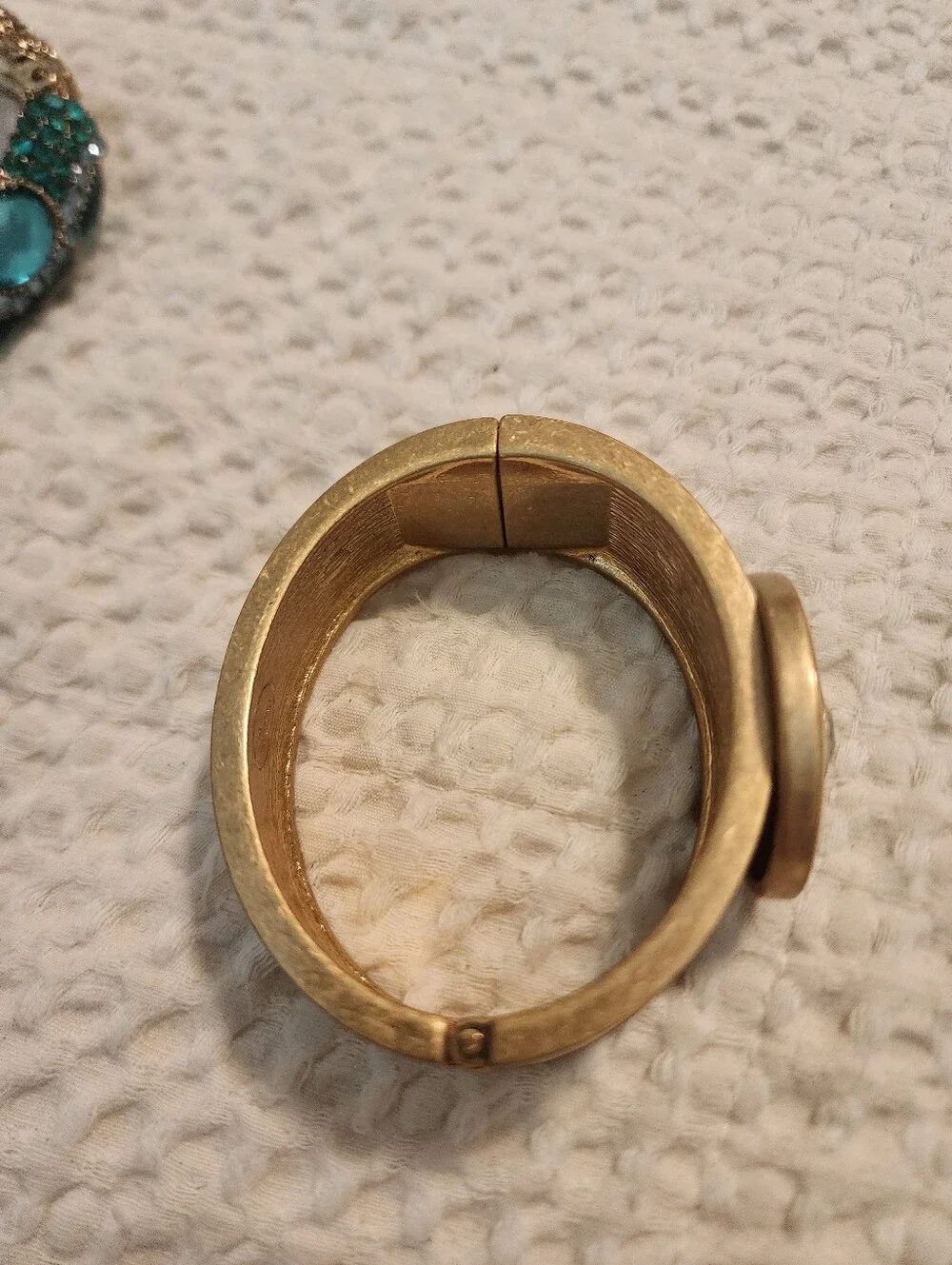 Pair Of Vintage Statement Clamper Bracelets Cream/Gold & Teal With Rhinestones